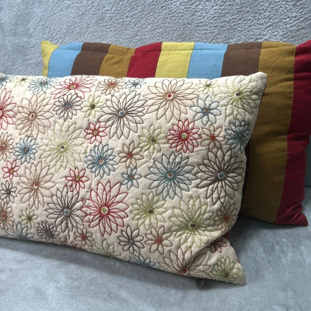 Pier 1 Embroidered Floral Lumbar Throw Pillows Set of 2 Striped Reversible Retro